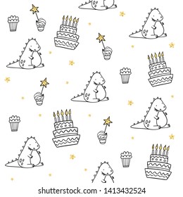 Vector seamless pattern. Dragon, cakes, cupcakes, Golden texture. Children print. Hand drawn style
