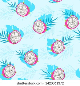 Vector seamless pattern with dragon fruit and tropical leaves. Summer fashion background in trend colors. For design banners, wrapping paper, print on clothes, wallpaper, texture.