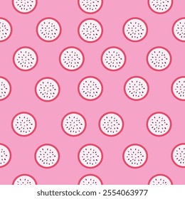 Vector seamless pattern with dragon fruit slices. Fruit pattern for wallpaper, food wrapping paper, fabric, spring and summer holidays.