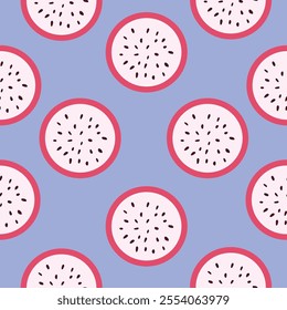 Vector seamless pattern with dragon fruit slices. Fruit pattern for wallpaper, food wrapping paper, fabric, spring and summer holidays.