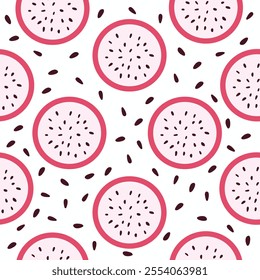 Vector seamless pattern with dragon fruit slices. Fruit pattern for wallpaper, food wrapping paper, fabric, spring and summer holidays.