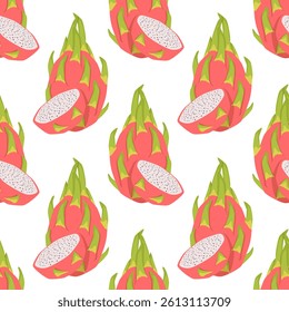 Vector seamless pattern with dragon fruit on white background