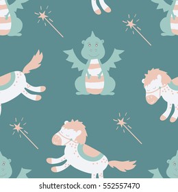 Vector seamless pattern with dragon, horse and magic wand. Cute magic collection with fairy elements and characters. Cartoon baby background perfect for wrapping paper or fabric textile