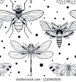 vector seamless pattern with dragonflies and butterflies on a dotted background