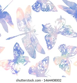 Vector seamless pattern with dragonflies and butterflies in watercolor style. 