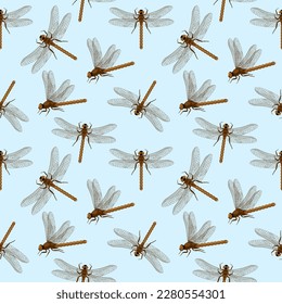 Vector seamless pattern with dragonflies. Creative texture for fabric, wrapping, textile, wallpaper, apparel. Summer Dragonflies in the sky. Simple minimalistic print with dragonfly insects.  Vector