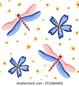 vector seamless pattern with dragonflies and flowers on white background