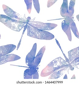 Vector seamless pattern with dragonflies in watercolor style. 
