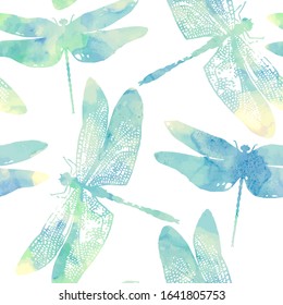 Vector seamless pattern with dragonflies in watercolor style. 