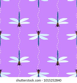 Vector seamless pattern with dragonflies and wavy lines on lilac background
