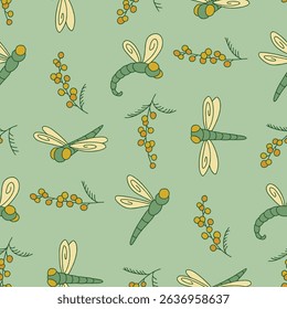 Vector Seamless Pattern of Dragonfly Animal Mimosa Background for Fashion Wrapping Print Fabric Surface