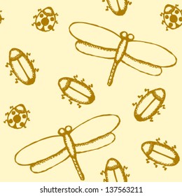 Vector seamless pattern with dragonfly, ladybug and cockroach in sketch style
