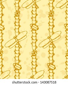 Vector seamless pattern with dragonfly, ladybug, cockroach and cup in sketch style