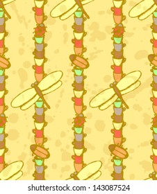 Vector seamless pattern with dragonfly, ladybug, cockroach and cup in sketch style