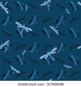 Vector seamless pattern with dragonfly on dark blue background. wallpaper