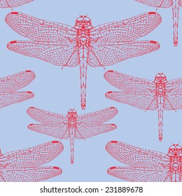 Vector seamless pattern with dragonfly red silhouettes on a blue background