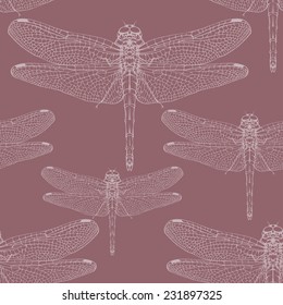 Vector seamless pattern with dragonfly silhouettes on a brown background