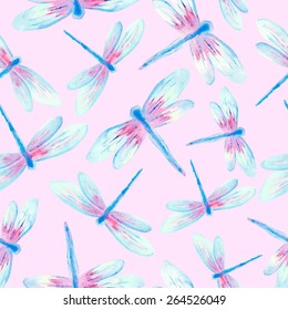 Vector seamless pattern with dragonfly. Watercolor pattern 