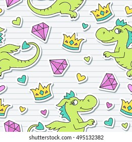 vector seamless pattern with dragons, crowns and diamonds