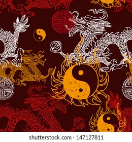 Vector seamless pattern with Dragon,yin yang and blessing symbol. Modern stylish texture. Repeating background.