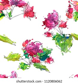 vector seamless pattern with drawing apple tree blossoms and leaves and watercolor paint stains, hand drawn illustration