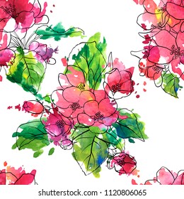 vector seamless pattern with drawing apple tree blossoms and leaves and watercolor paint stains, hand drawn illustration