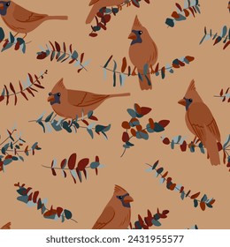 vector seamless pattern with drawing birds and tree branches with leaves, hand drawn northern cardinals at brown background, natural cover design