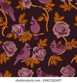 vector seamless pattern with drawing birds and rose branches with flowers and leaves, hand drawn nothern cardinals,natural cover design