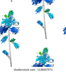 vector seamless pattern with drawing blue bell flower and watercolor paint stains, floral background, hand drawn botanical illustration