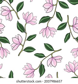 vector seamless pattern with drawing branch of magnolia tree with leaves and flowers, Magnolia officinalis, hand drawn illustration