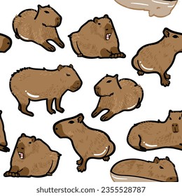 Vector seamless pattern drawing brown cartoon capybara 6 poses in one frame