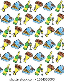 Vector seamless pattern. Drawing of champagne, flowers and sweets. Abstract background for design. Date icons in seamless texture. Gift Wrap