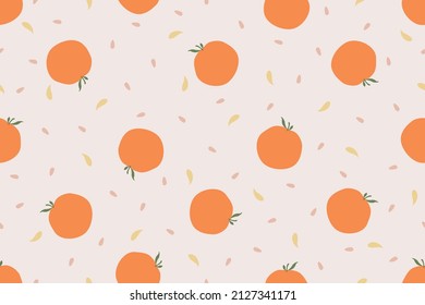 Vector. seamless pattern. drawing cute fresh orange tangerine mandarin citrus fruit pulp and seed on light background design. backyard concept wallpaper.