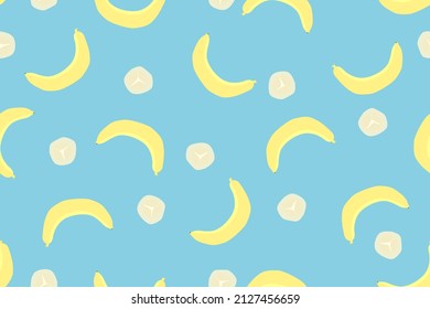 Vector. seamless pattern. drawing cute fresh yellow sweet banana peel and pulp on light blue background design. backyard concept wallpaper.