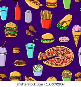 vector seamless pattern drawing fastfood, hand drawn illustration