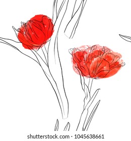 vector seamless pattern with drawing flowers of red tulip, floral ornament with watercolor spots, hand drawn illustration