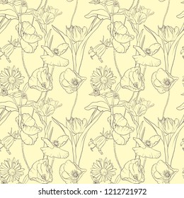 vector seamless pattern with drawing flowers, floral background, hand drawn illustration
