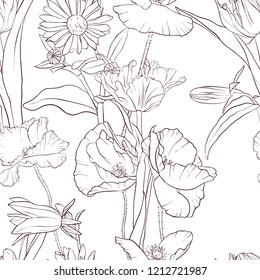 vector seamless pattern with drawing flowers, floral background, hand drawn illustration