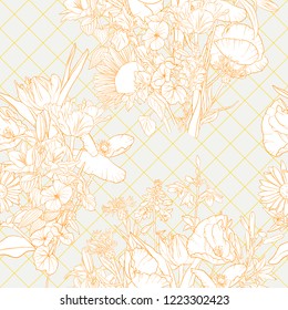 vector seamless pattern with drawing flowers, floral background, hand drawn illustration