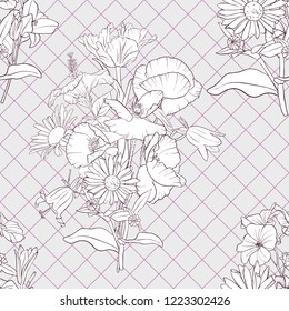 vector seamless pattern with drawing flowers, floral background, hand drawn illustration
