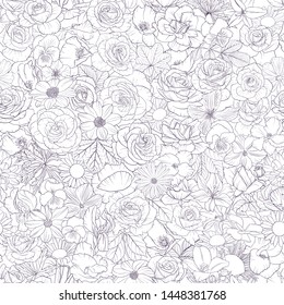 vector seamless pattern with drawing flowers, decorative floral background, hand drawn botanical illustration,coloring page