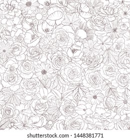 vector seamless pattern with drawing flowers, decorative floral background, hand drawn botanical illustration,coloring page