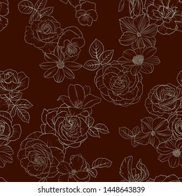 vector seamless pattern with drawing flowers, decorative floral background, hand drawn vintage botanical illustration