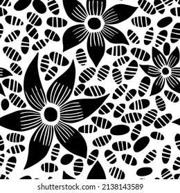 Vector seamless pattern with drawing flowers and seeds, monochrome artistic botanical illustration. Floral monochrome background.