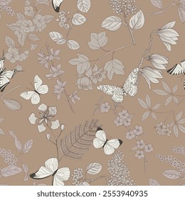 vector seamless pattern with drawing flowers and butterflies, vintage floral graphic background, hand drawn illustration