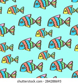 Vector seamless pattern with drawing funny fish
