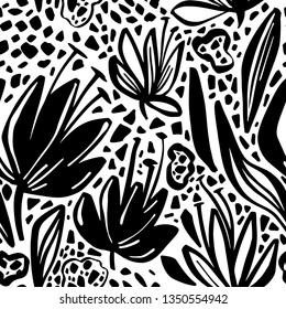 Vector seamless pattern with drawing herbs, flowers, monochrome artistic botanical illustration. Floral monochrome background.