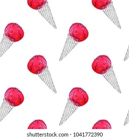 vector seamless pattern with drawing ice creams and watercolor spots, hand drawn illustration
