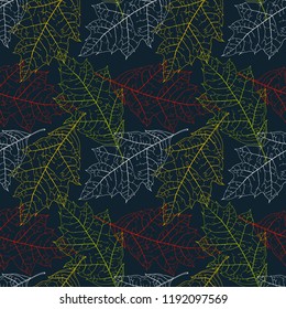 vector seamless pattern with drawing leaves of wild plants and trees, botanical illustration, hand drawn floral background