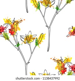 vector seamless pattern with drawing lily flower and watercolor paint stains, floral background, hand drawn botanical illustration